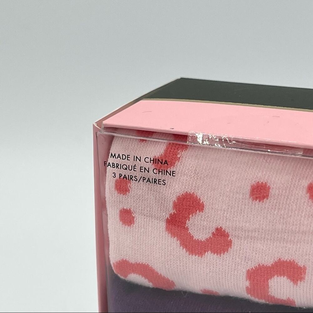 Kate Spade Crew Pink Animal Print Striped Solid 3 Pairs Crew Socks Gift Box - Picture 2 of 4